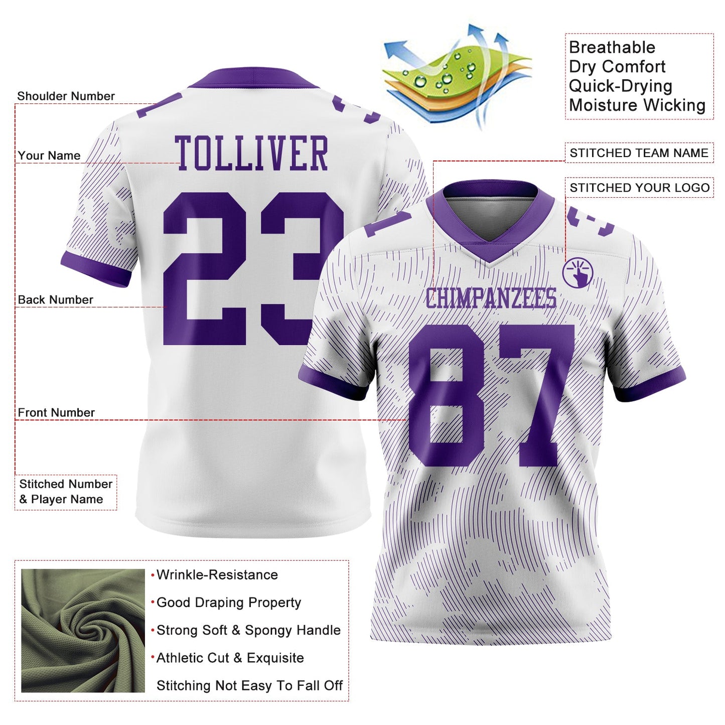 Custom White-Purple Authentic Abstract Fluid Line 3D Pattern 7V7 Flag Football Jersey view 2