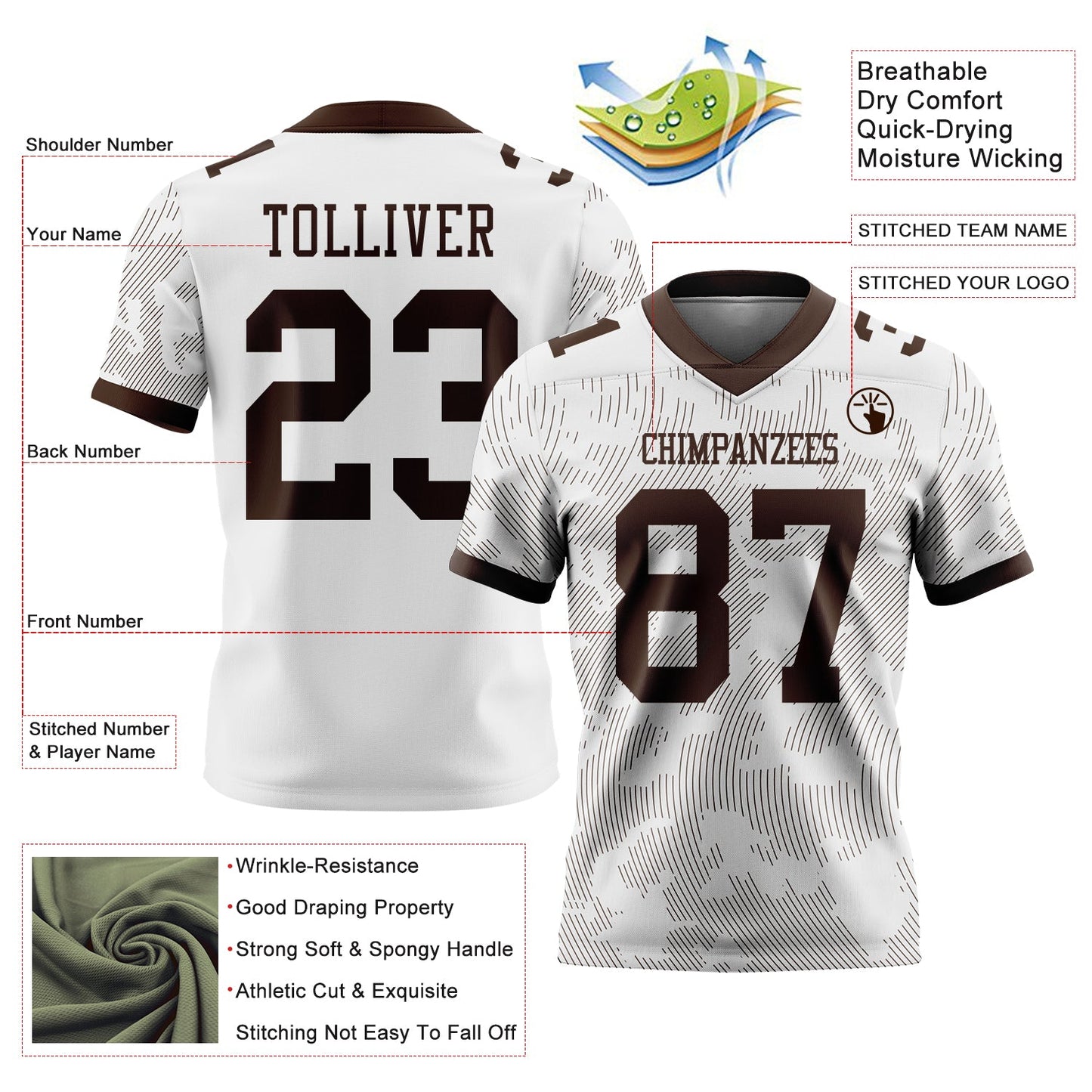 Custom White-Brown Authentic Abstract Fluid Line 3D Pattern 7V7 Flag Football Jersey view 2