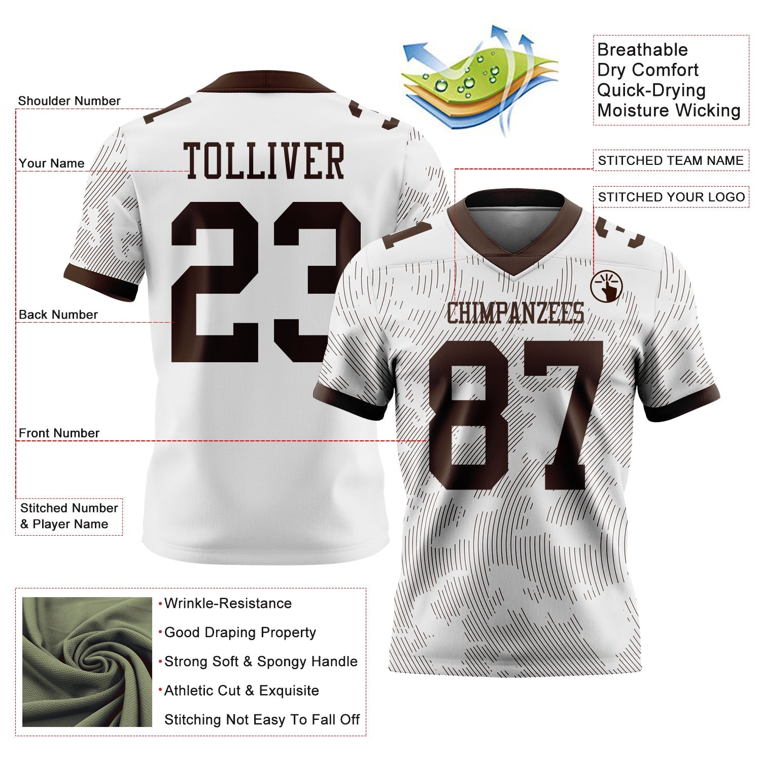 Custom White-Brown Authentic Abstract Fluid Line 3D Pattern 7V7 Flag Football Jersey view 2