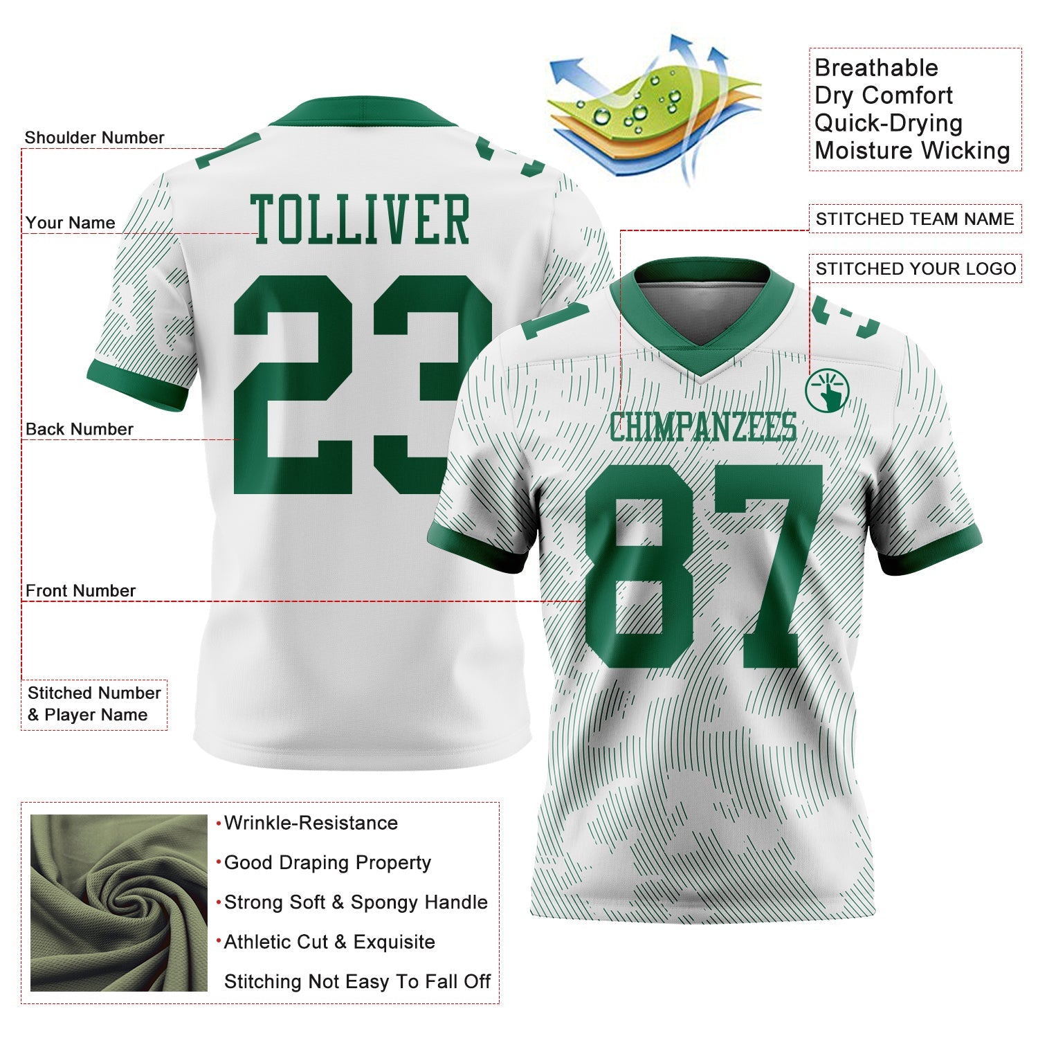 Custom White-Kelly Green Authentic Abstract Fluid Line 3D Pattern 7V7 Flag Football Jersey view 2