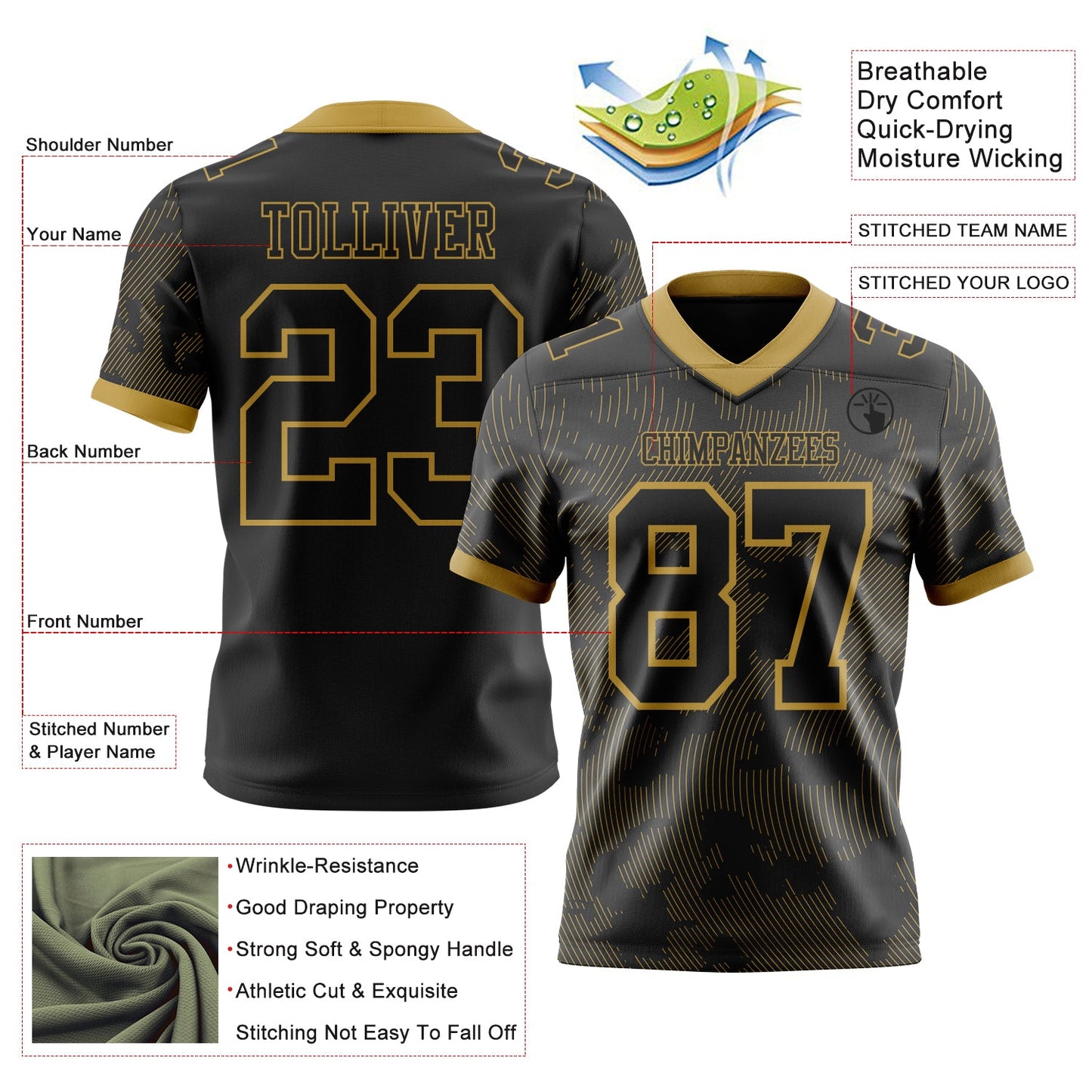 Custom Black-Old Gold Authentic Abstract Fluid Line 3D Pattern 7V7 Flag Football Jersey view 2