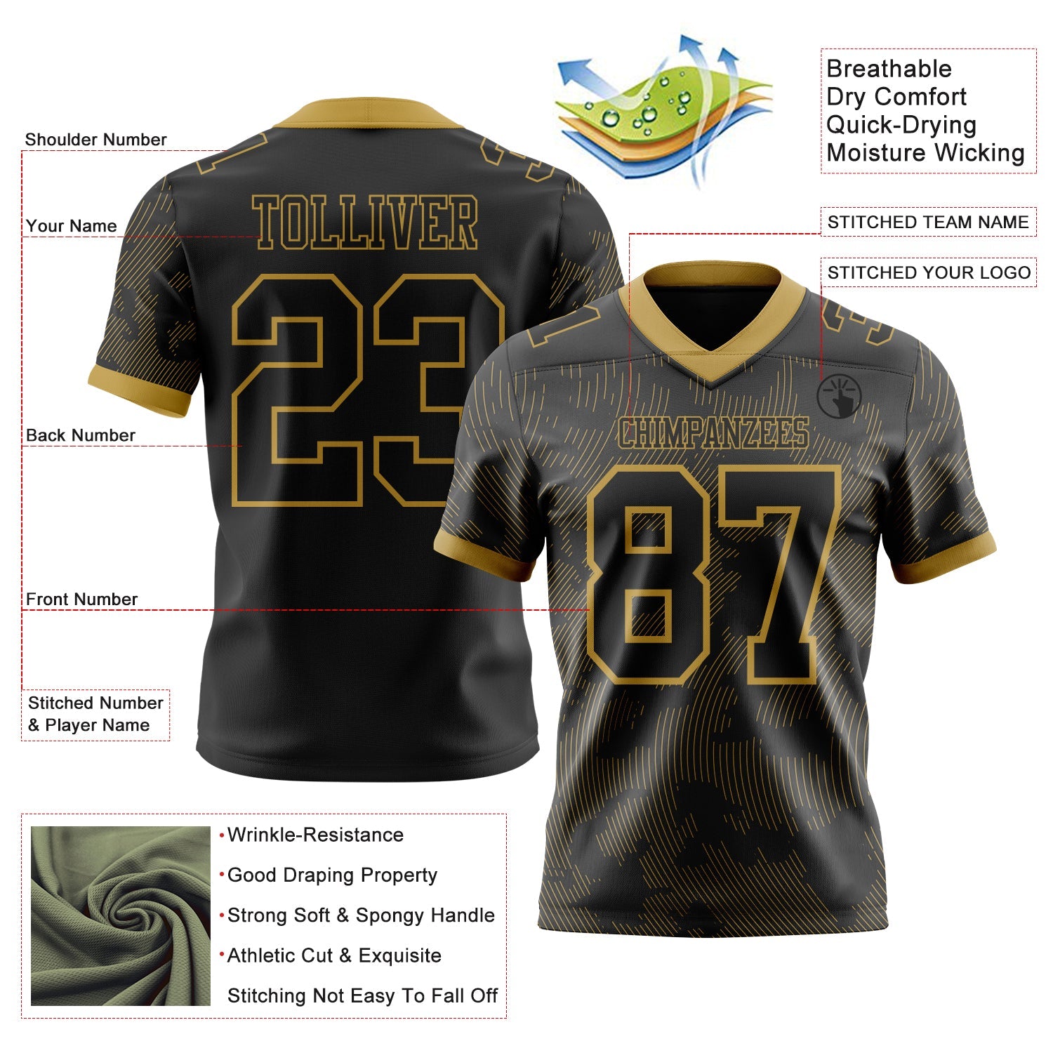 Custom Black-Old Gold Authentic Abstract Fluid Line 3D Pattern 7V7 Flag Football Jersey view 2