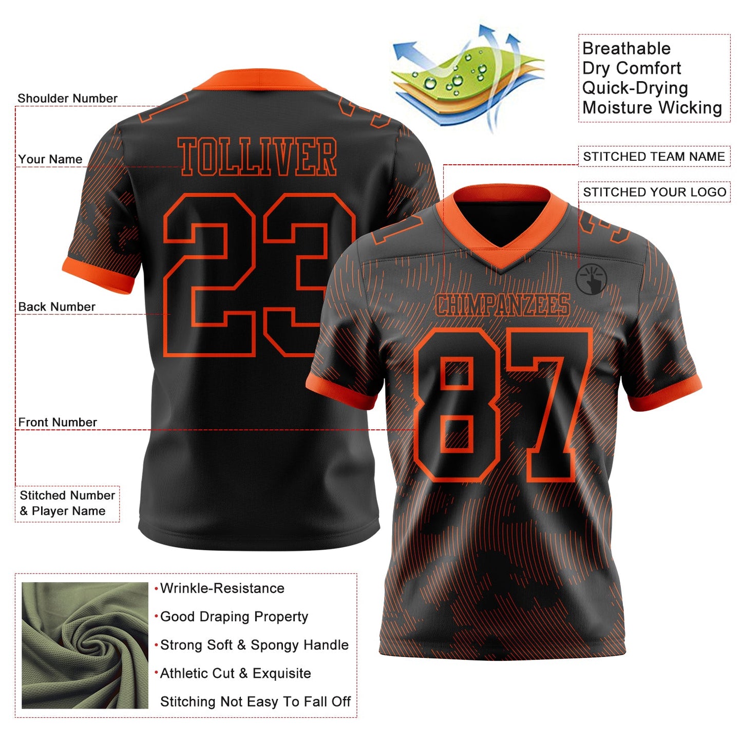 Custom Black-Orange Authentic Abstract Fluid Line 3D Pattern 7V7 Flag Football Jersey view 2