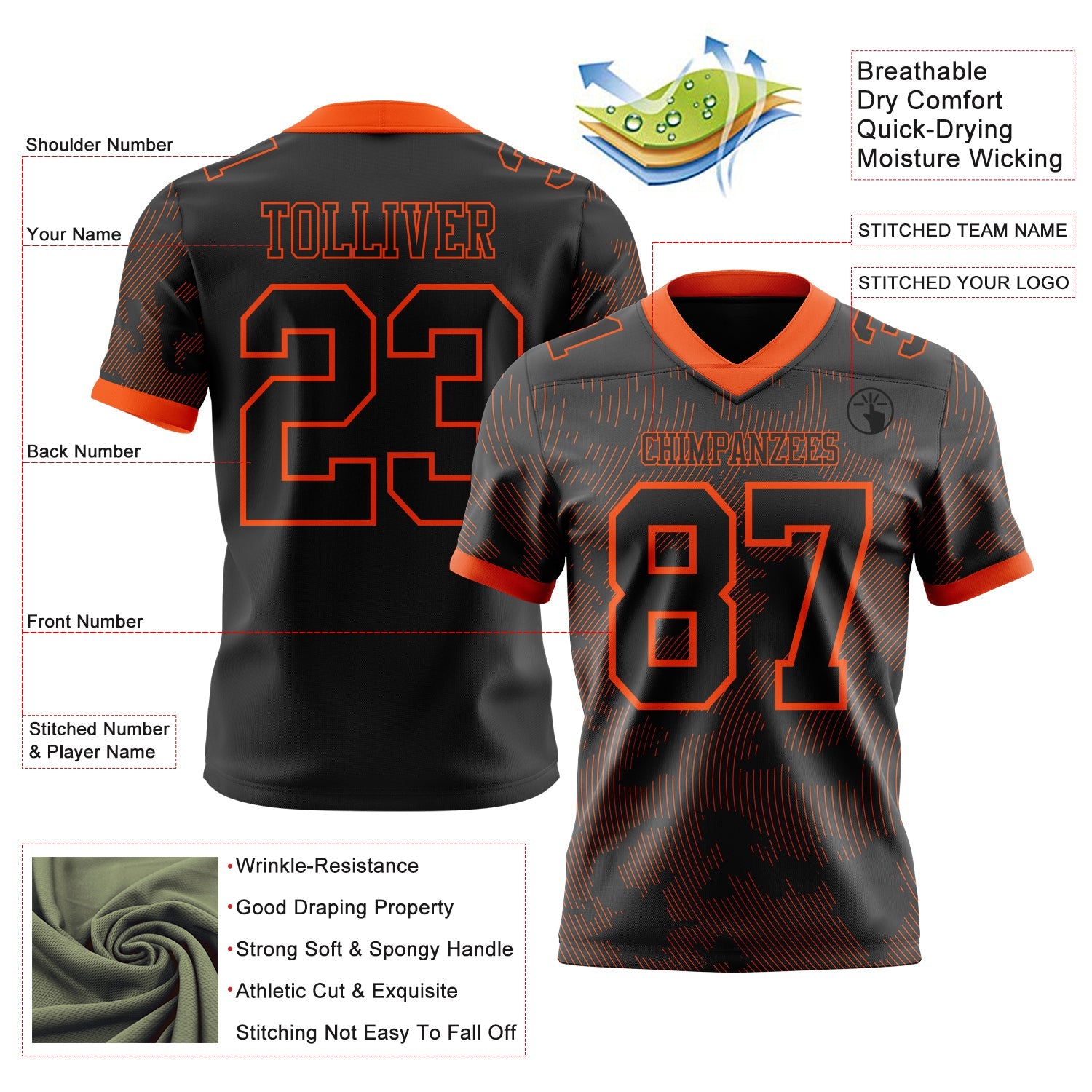 Custom Black-Orange Authentic Abstract Fluid Line 3D Pattern 7V7 Flag Football Jersey view 2