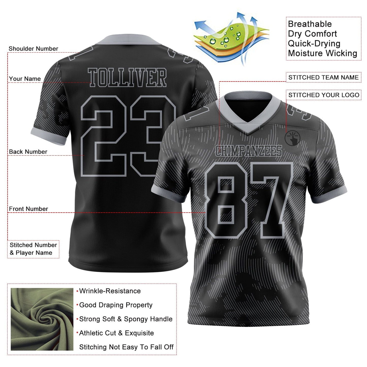 Custom Black-Gray Authentic Abstract Fluid Line 3D Pattern 7V7 Flag Football Jersey view 2