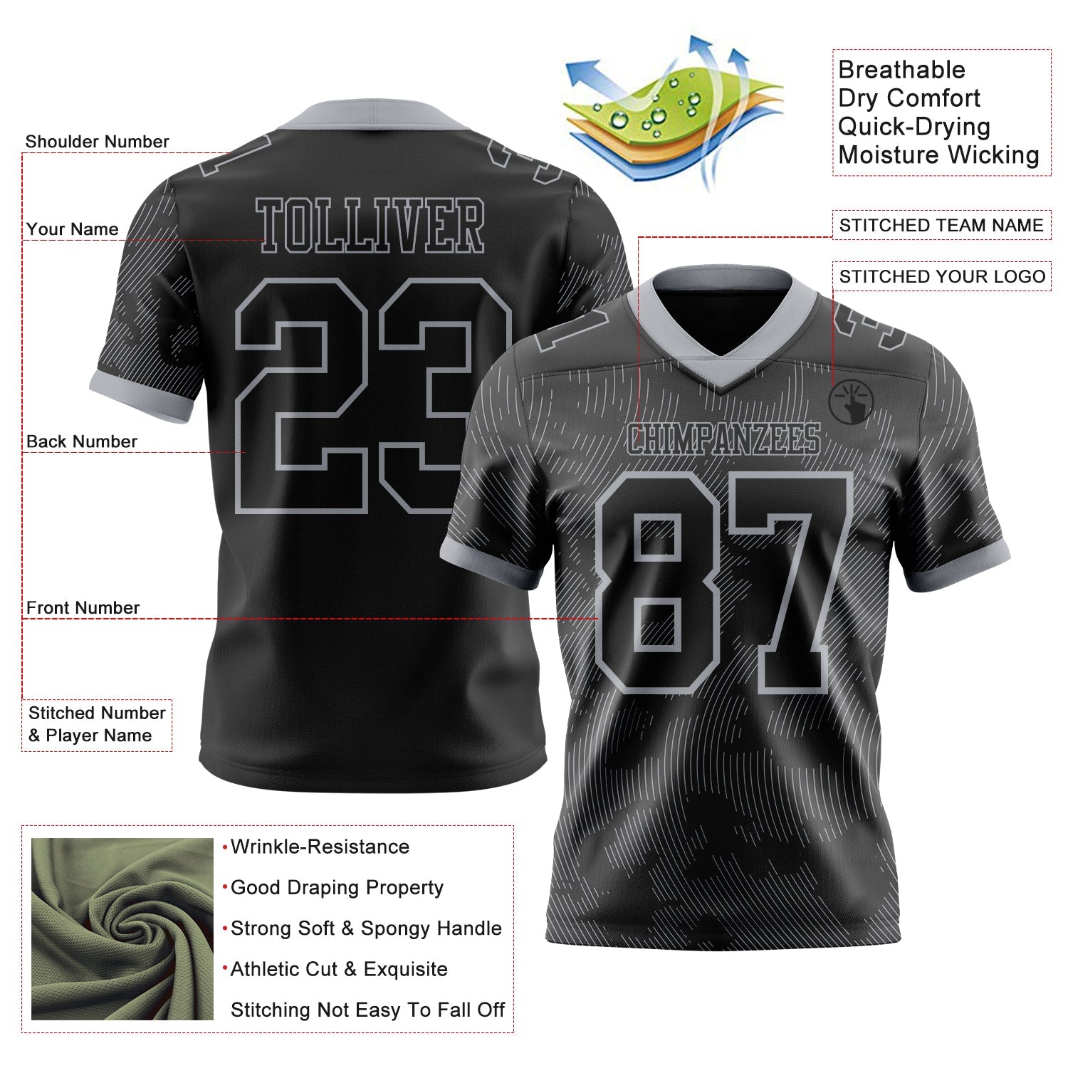 Custom Black-Gray Authentic Abstract Fluid Line 3D Pattern 7V7 Flag Football Jersey view 2