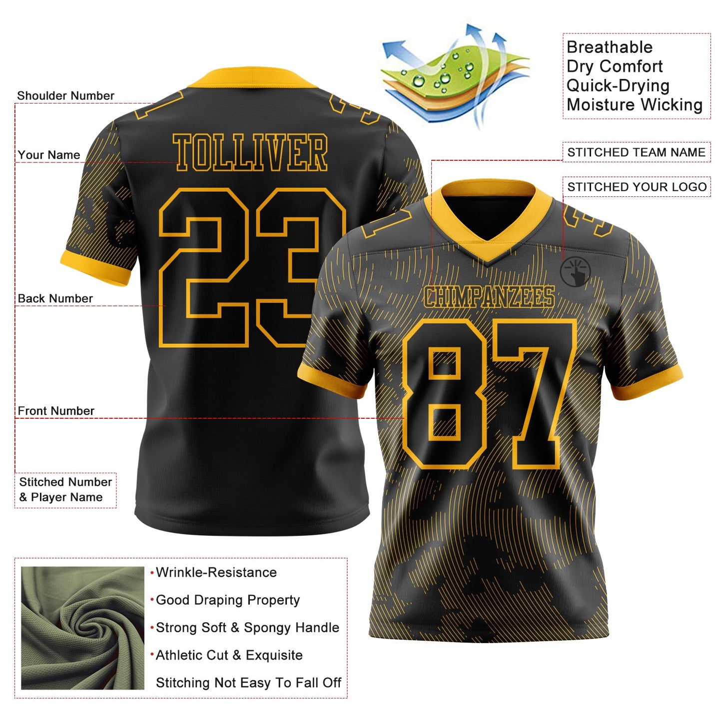 Custom Black-Gold Authentic Abstract Fluid Line 3D Pattern 7V7 Flag Football Jersey view 2