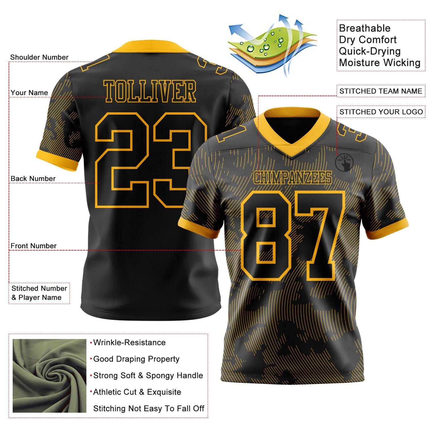 Custom Black-Gold Authentic Abstract Fluid Line 3D Pattern 7V7 Flag Football Jersey view 2