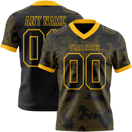Custom Black-Gold Authentic Abstract Fluid Line 3D Pattern 7V7 Flag Football Jersey - Main View