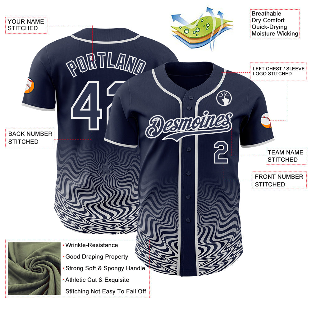 Custom Navy-White Fluid Wave Psychedelic Swirl Authentic Baseball Jersey view 3