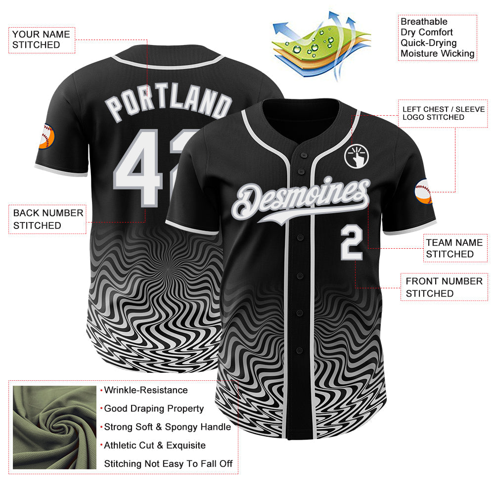 Custom Black White-Gray Fluid Wave Psychedelic Swirl Authentic Baseball Jersey view 3