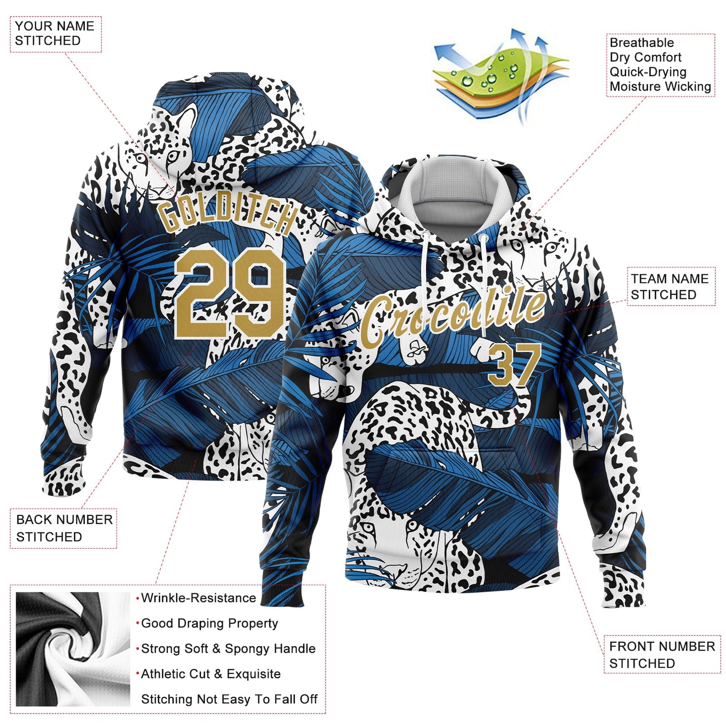 Custom Stitched Navy Old Gold-White 3D Pattern Design Leopard And Tropical Plants Sports Pullover Sweatshirt Hoodie view 2
