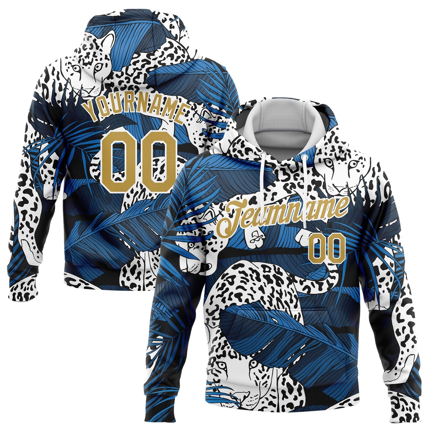 Custom Stitched Navy Old Gold-White 3D Pattern Design Leopard And Tropical Plants Sports Pullover Sweatshirt Hoodie - Main View