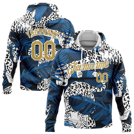 Custom Stitched Navy Old Gold-White 3D Pattern Design Leopard And Tropical Plants Sports Pullover Sweatshirt Hoodie - Main View
