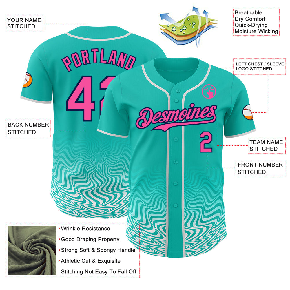 Custom Aqua Pink White-Navy Fluid Wave Psychedelic Swirl Authentic Baseball Jersey view 3
