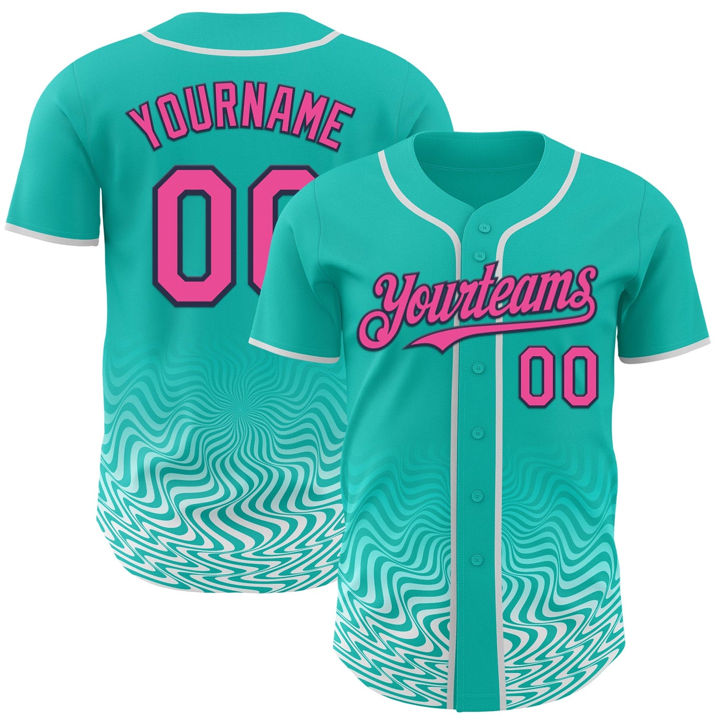 Custom Aqua Pink White-Navy Fluid Wave Psychedelic Swirl Authentic Baseball Jersey - Main View