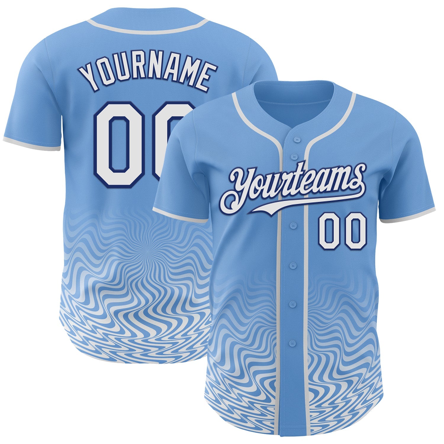Custom Light Blue White-Royal Fluid Wave Psychedelic Swirl Authentic Baseball Jersey - Main View