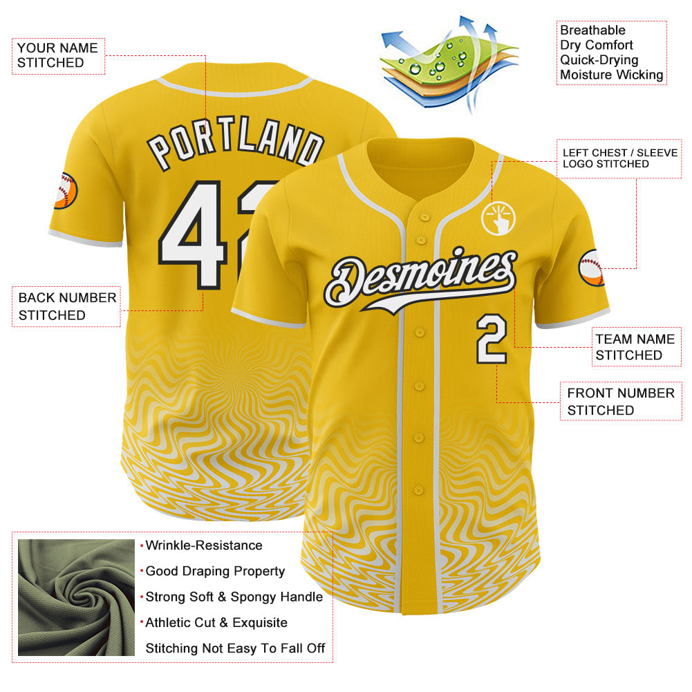 Custom Yellow White-Black Fluid Wave Psychedelic Swirl Authentic Baseball Jersey view 3
