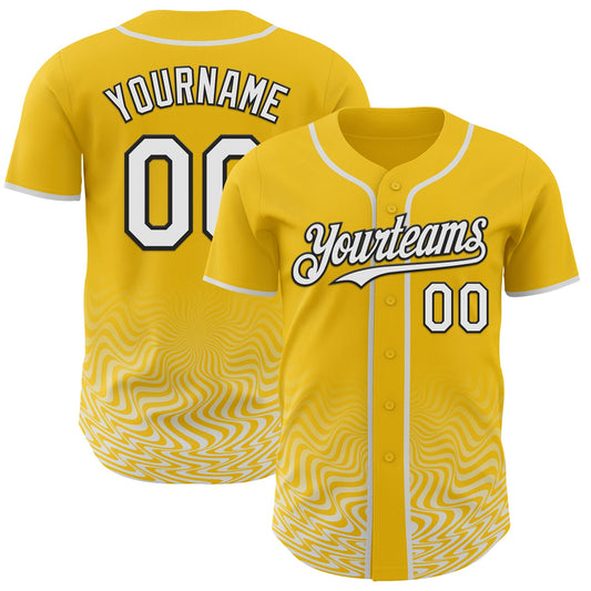 Custom Yellow White-Black Fluid Wave Psychedelic Swirl Authentic Baseball Jersey - Main View