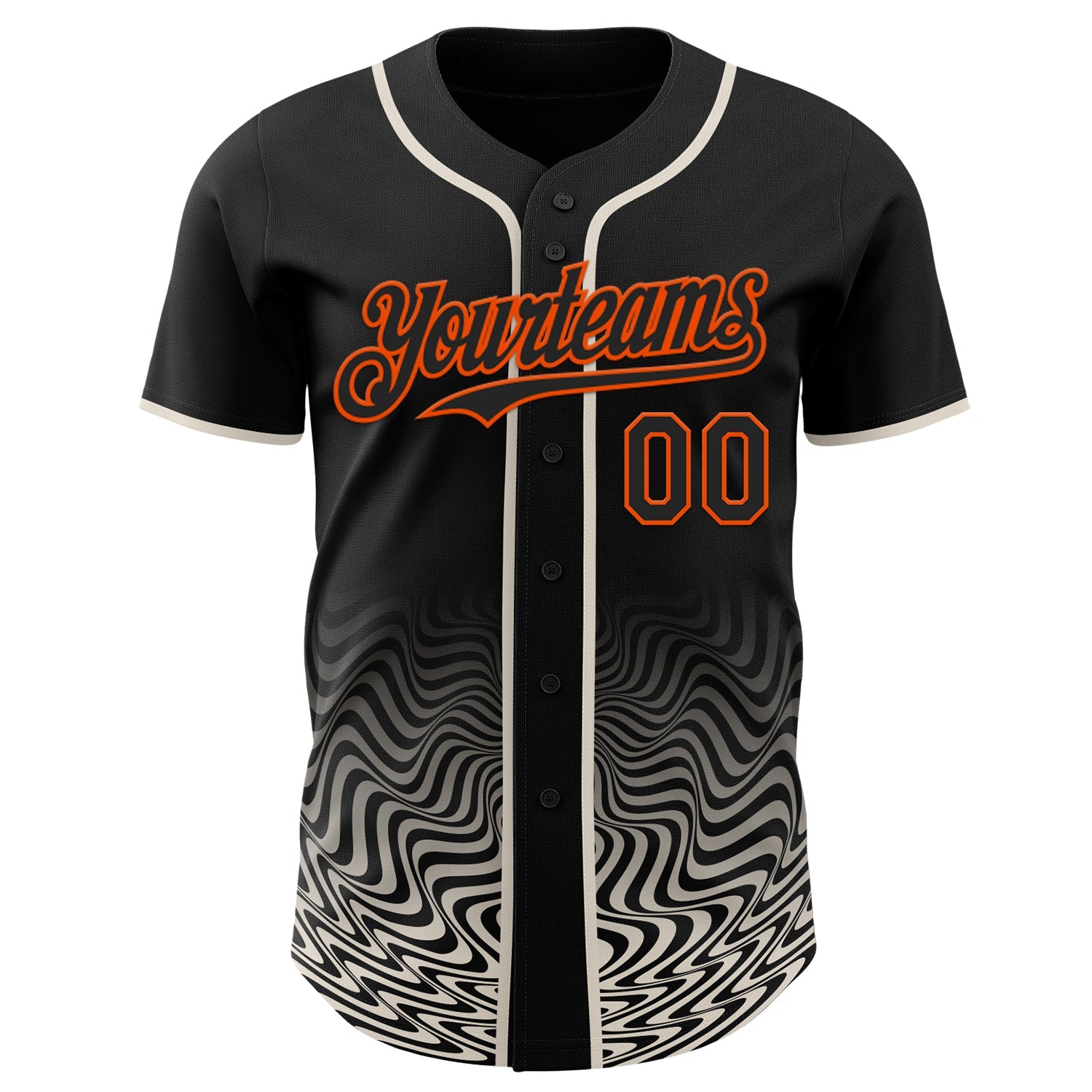 Custom Black Cream-Orange Fluid Wave Psychedelic Swirl Authentic Baseball Jersey view 2
