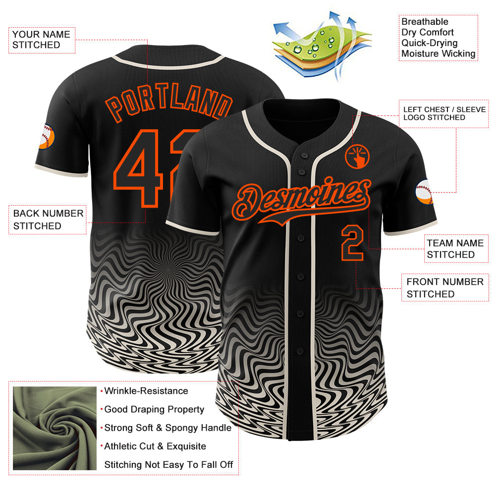 Custom Black Cream-Orange Fluid Wave Psychedelic Swirl Authentic Baseball Jersey view 3