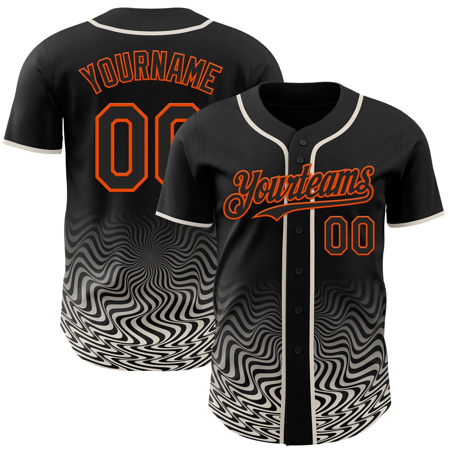 Custom Black Cream-Orange Fluid Wave Psychedelic Swirl Authentic Baseball Jersey - Main View