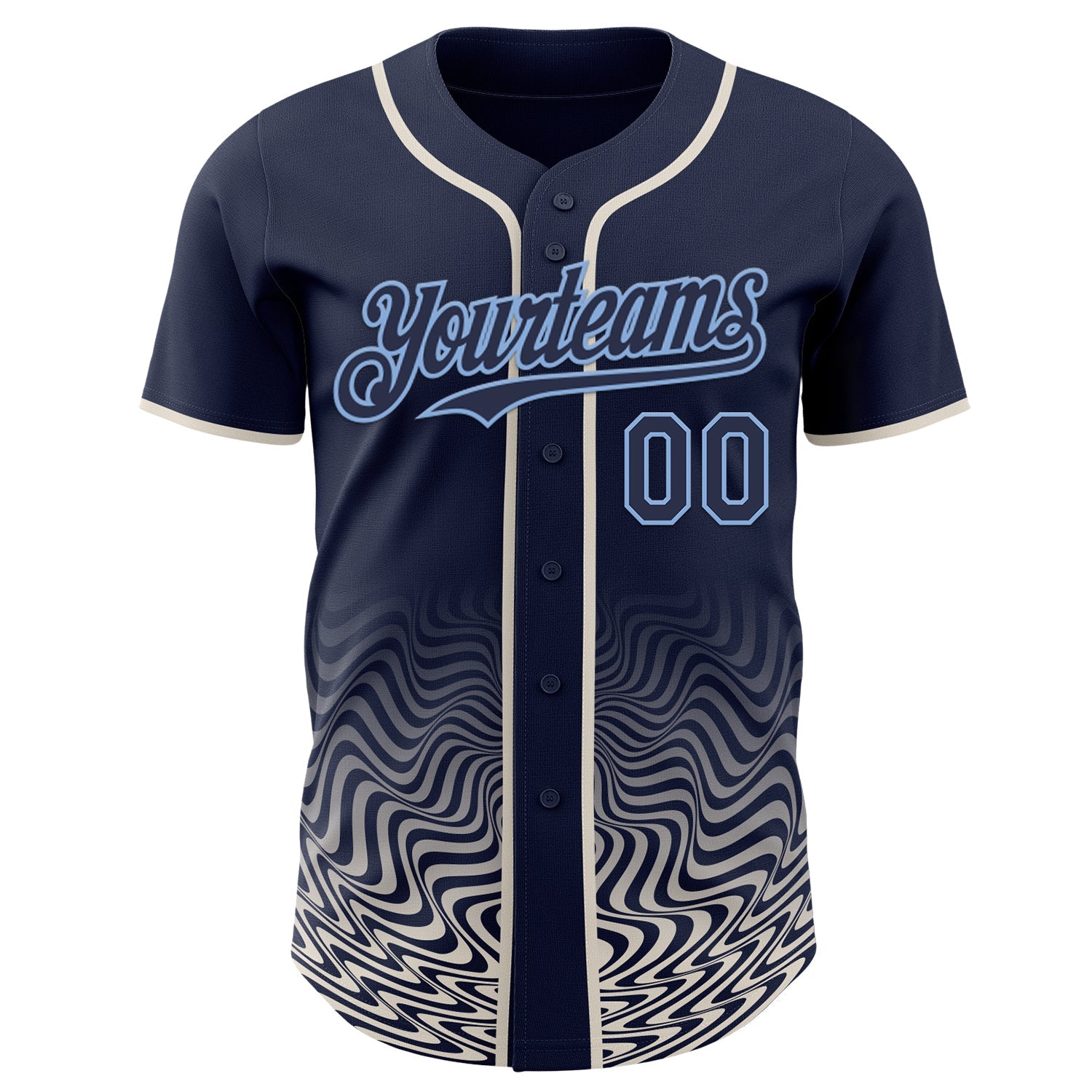 Custom Navy Cream-Light Blue Fluid Wave Psychedelic Swirl Authentic Baseball Jersey view 2