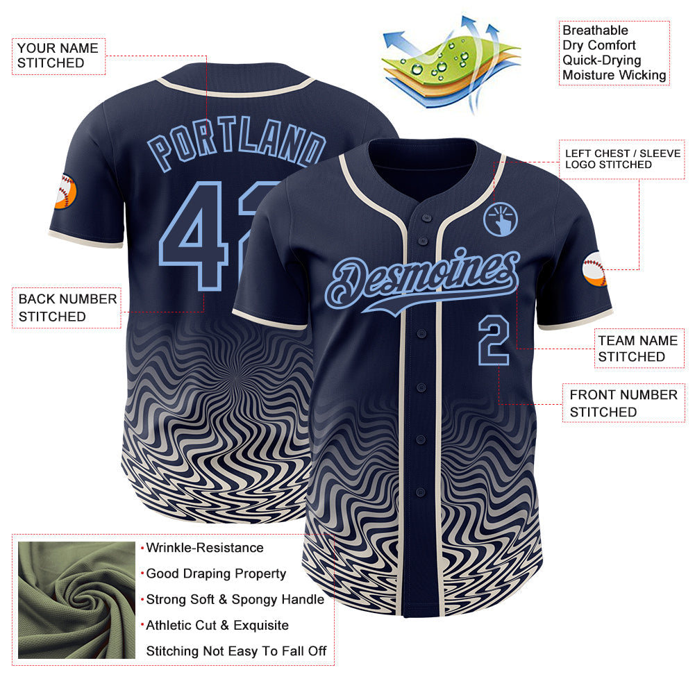 Custom Navy Cream-Light Blue Fluid Wave Psychedelic Swirl Authentic Baseball Jersey view 3