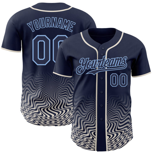 Custom Navy Cream-Light Blue Fluid Wave Psychedelic Swirl Authentic Baseball Jersey - Main View