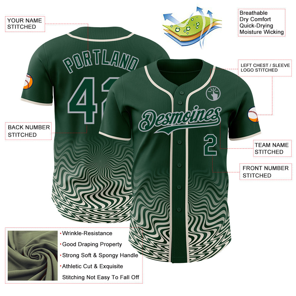 Custom Green Cream-Gray Fluid Wave Psychedelic Swirl Authentic Baseball Jersey view 3