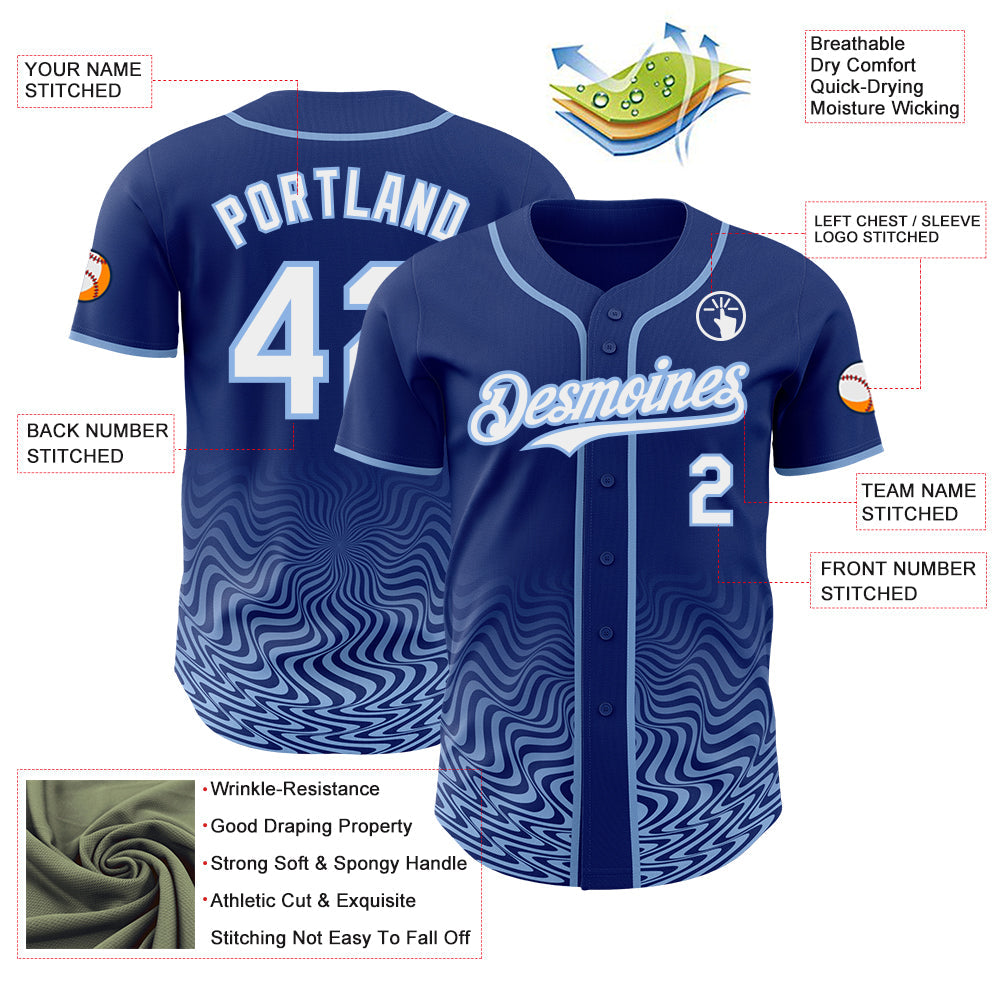 Custom Royal White-Light Blue Fluid Wave Psychedelic Swirl Authentic Baseball Jersey view 3