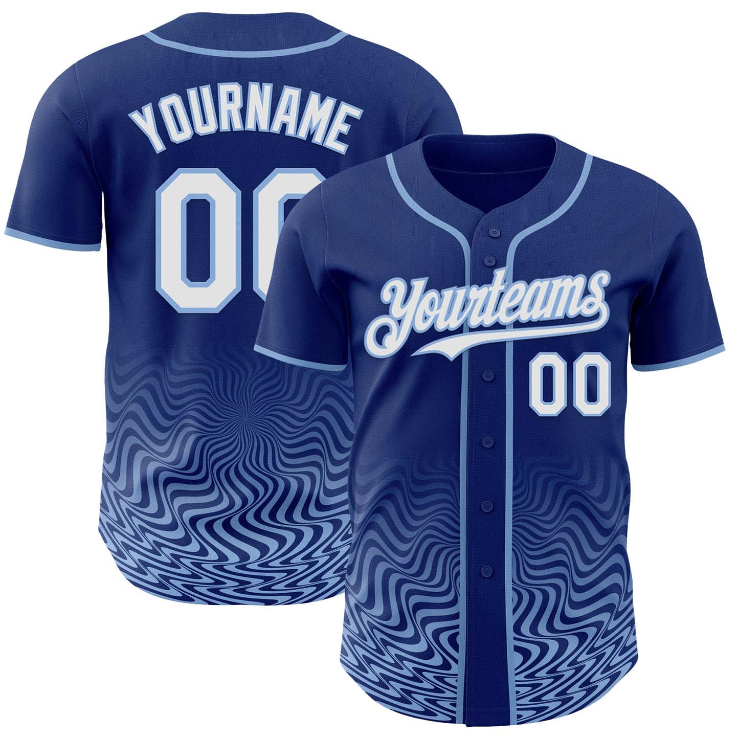 Custom Royal White-Light Blue Fluid Wave Psychedelic Swirl Authentic Baseball Jersey - Main View