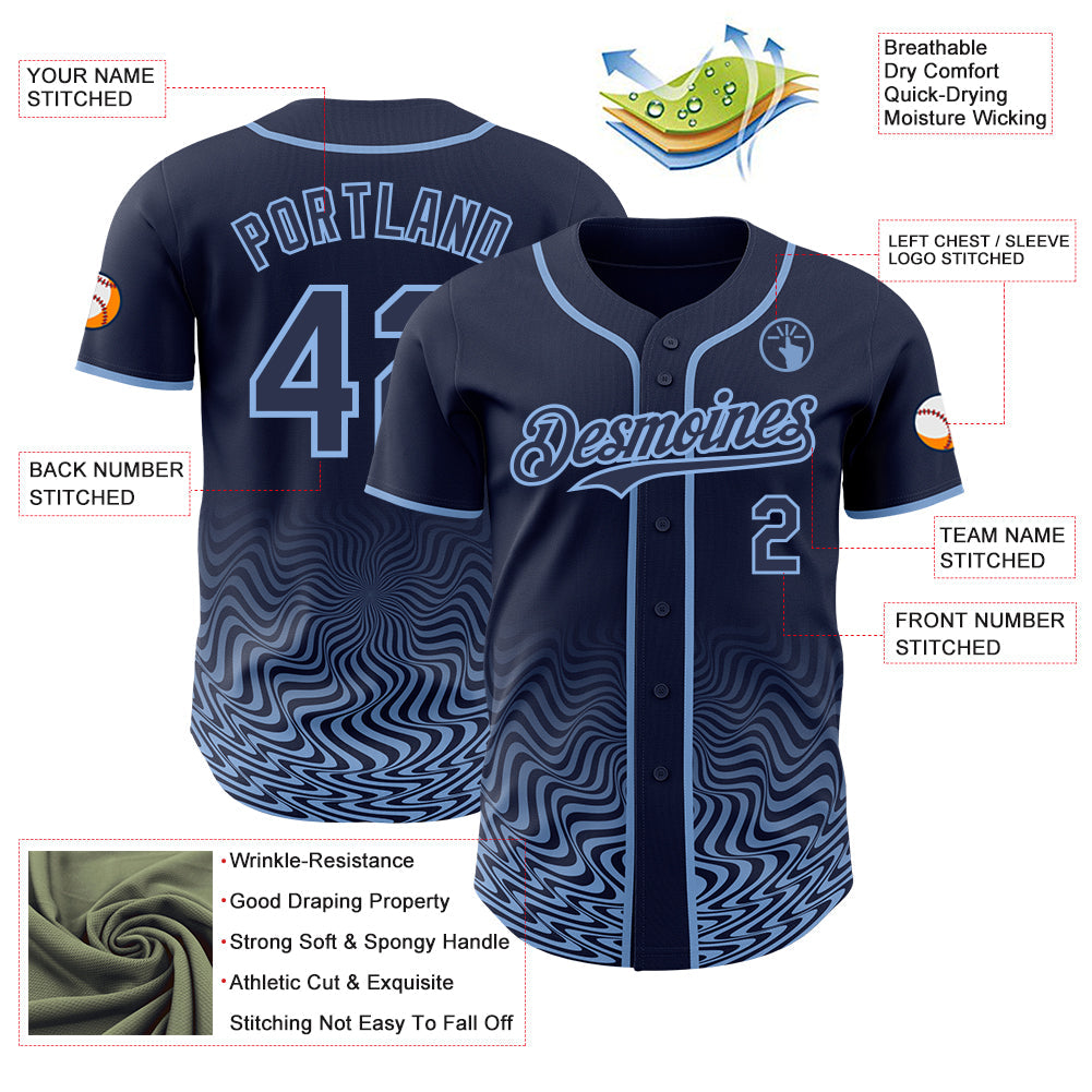 Custom Navy-Light Blue Fluid Wave Psychedelic Swirl Authentic Baseball Jersey view 3