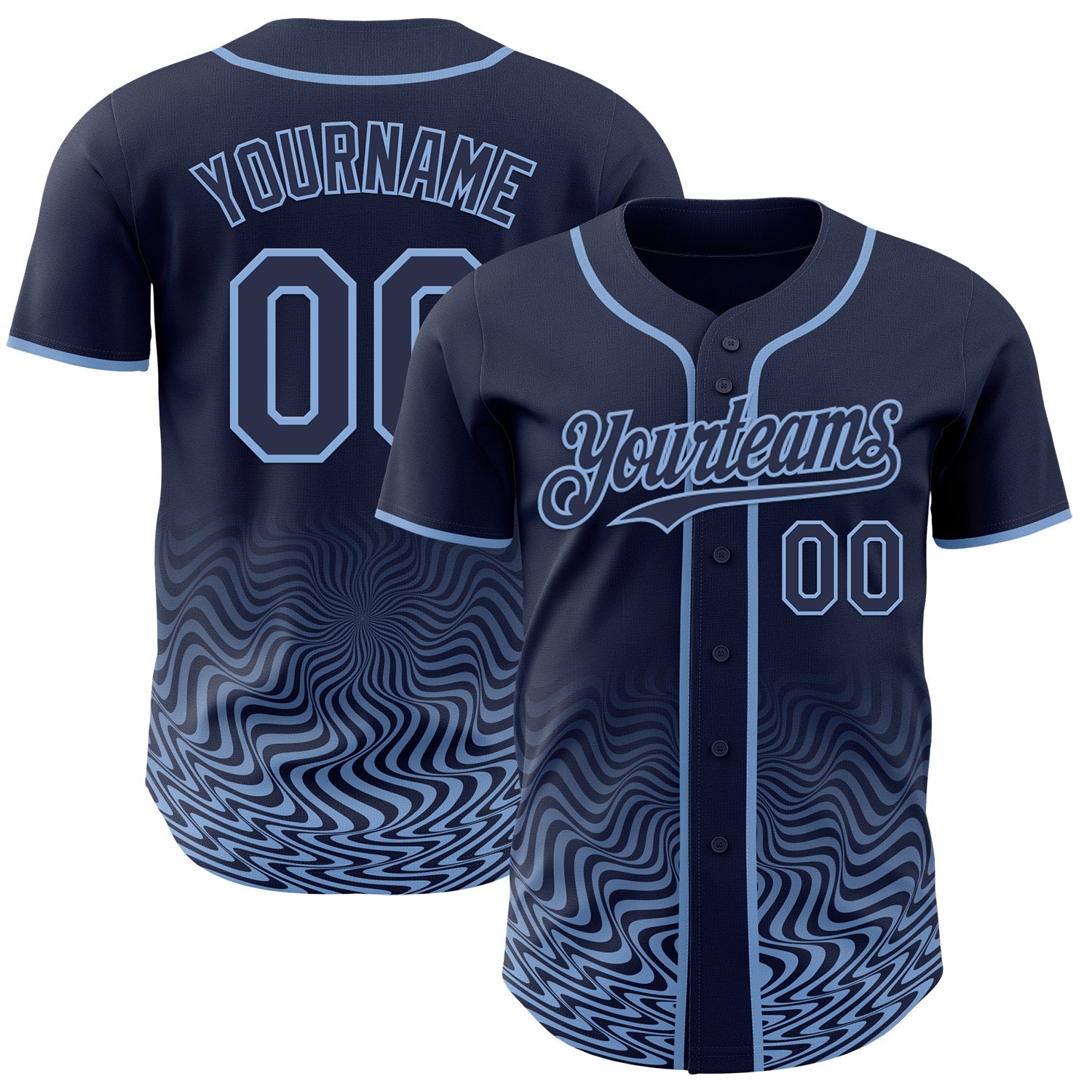 Custom Navy-Light Blue Fluid Wave Psychedelic Swirl Authentic Baseball Jersey - Main View
