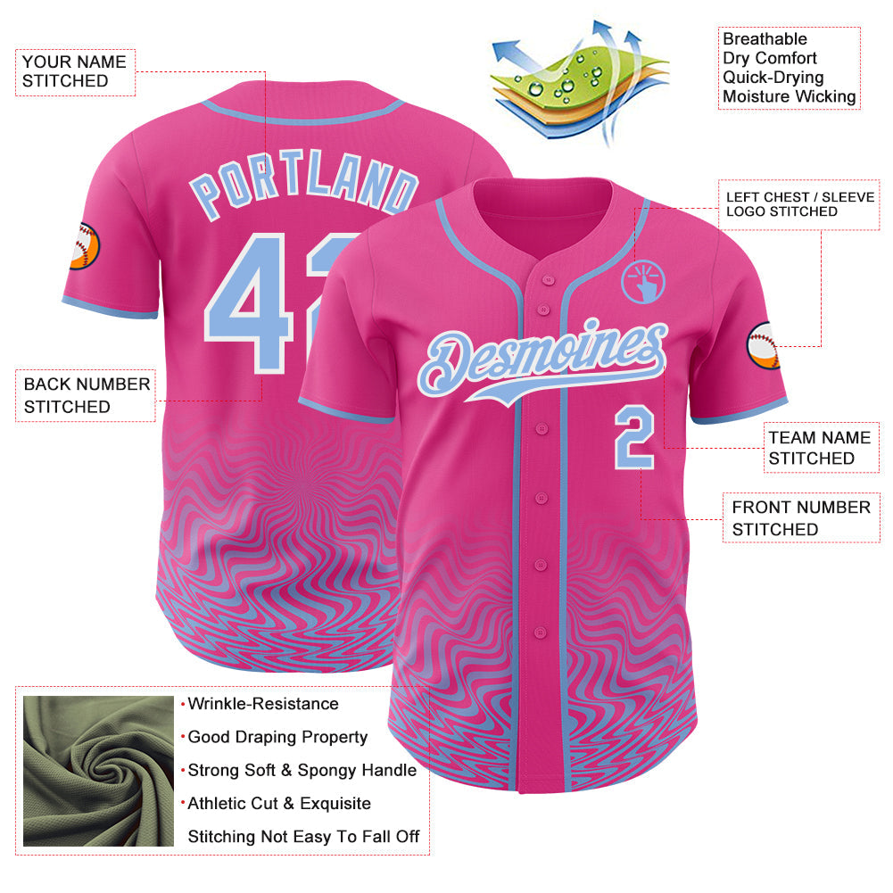 Custom Pink Light Blue-White Fluid Wave Psychedelic Swirl Authentic Baseball Jersey view 3