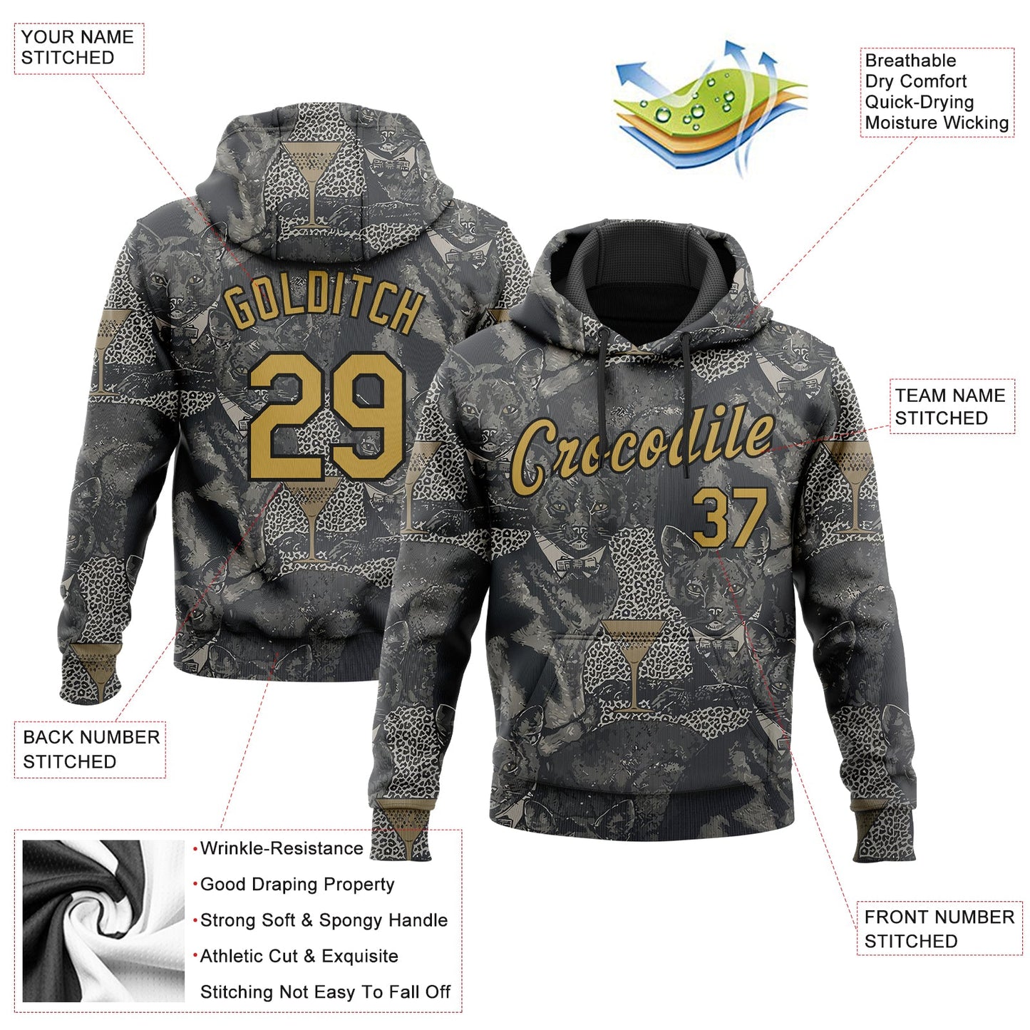Custom Stitched Steel Gray Old Gold-Black 3D Pattern Design Cat Sports Pullover Sweatshirt Hoodie view 2