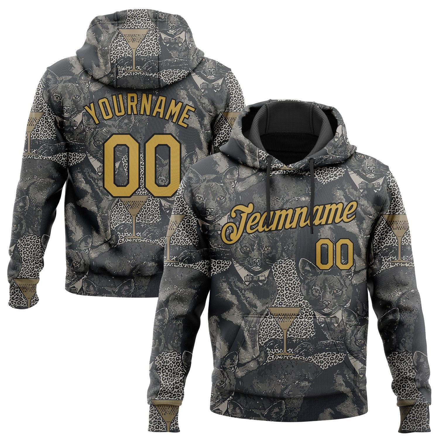 Custom Stitched Steel Gray Old Gold-Black 3D Pattern Design Cat Sports Pullover Sweatshirt Hoodie - Main View