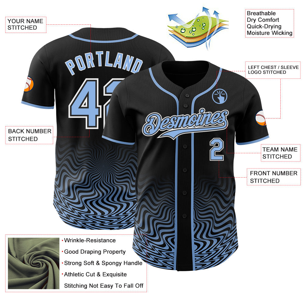 Custom Black Light Blue-White Fluid Wave Psychedelic Swirl Authentic Baseball Jersey view 3
