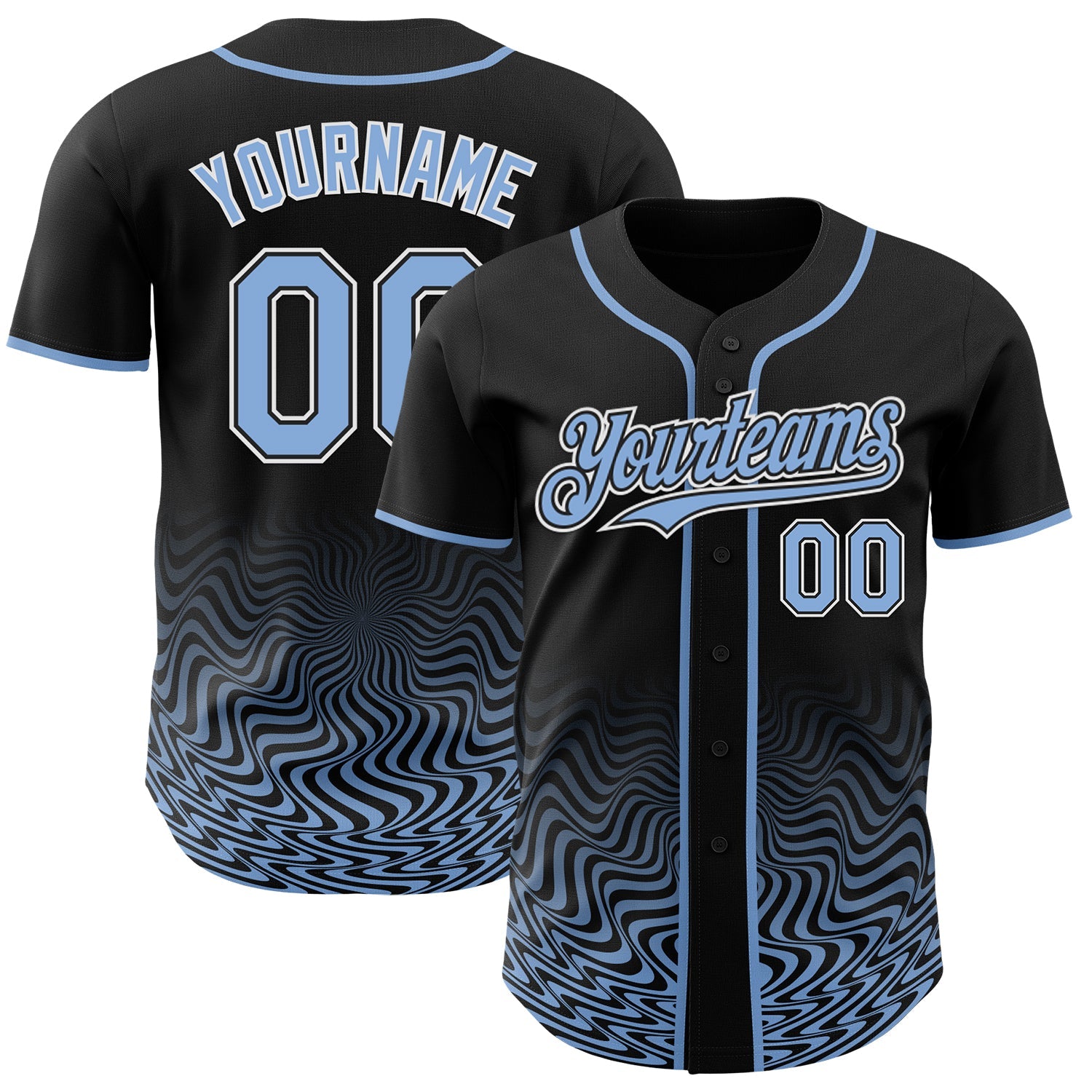 Custom Black Light Blue-White Fluid Wave Psychedelic Swirl Authentic Baseball Jersey - Main View