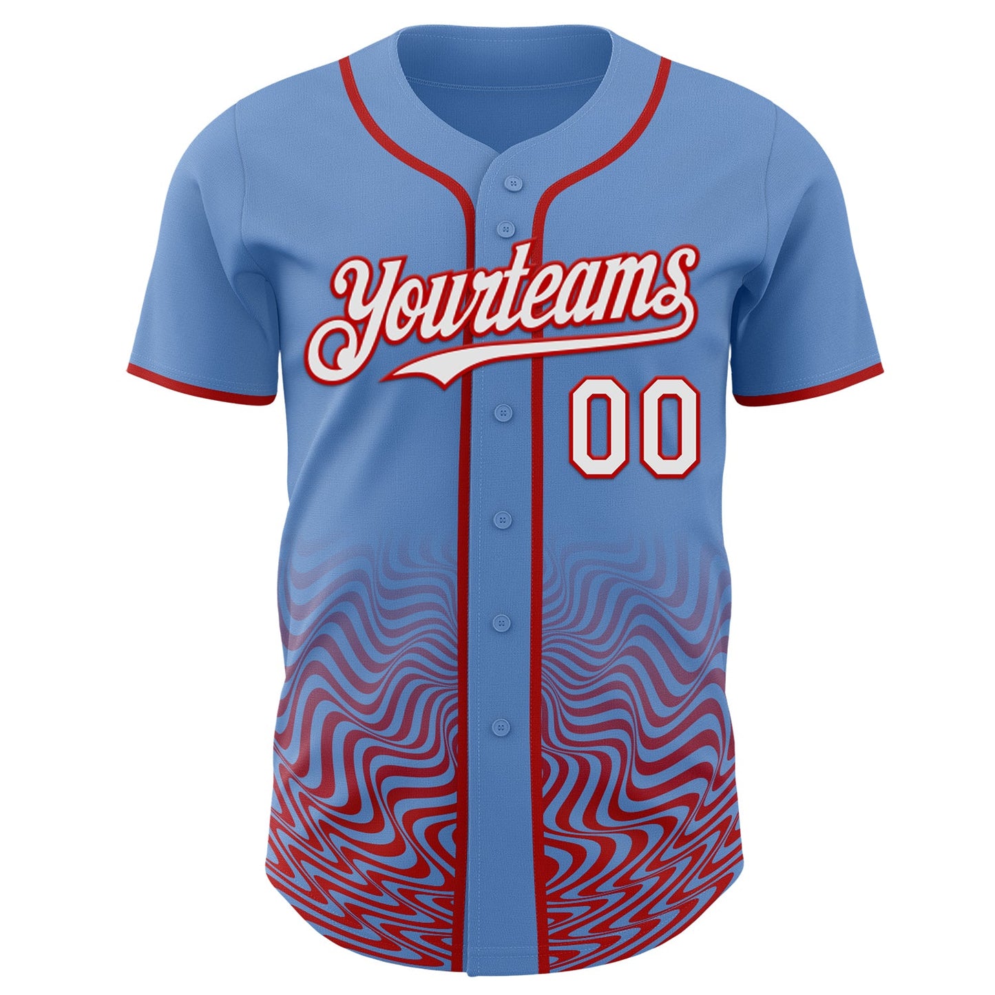 Custom Powder Blue White-Red Fluid Wave Psychedelic Swirl Authentic Baseball Jersey view 2
