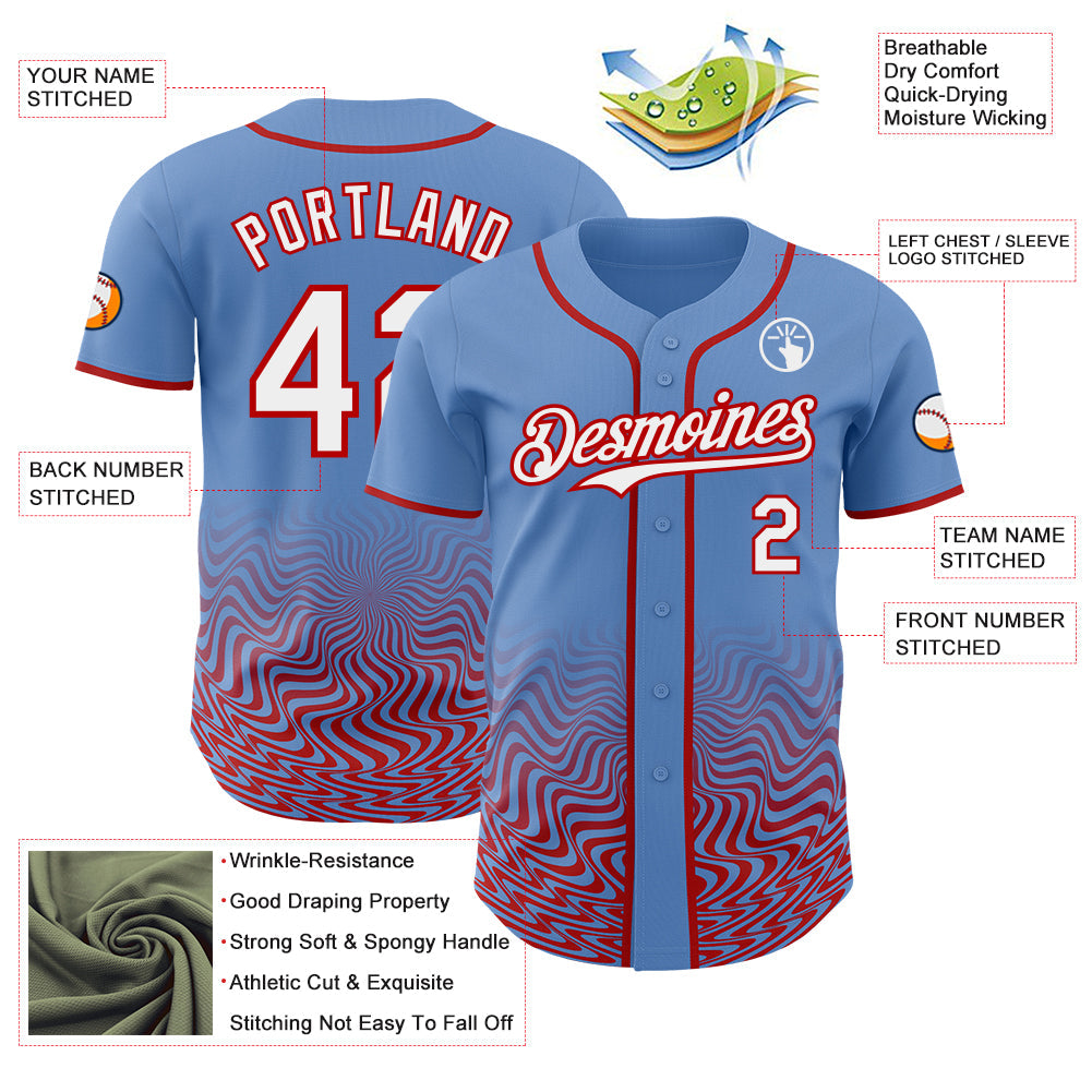 Custom Powder Blue White-Red Fluid Wave Psychedelic Swirl Authentic Baseball Jersey view 3