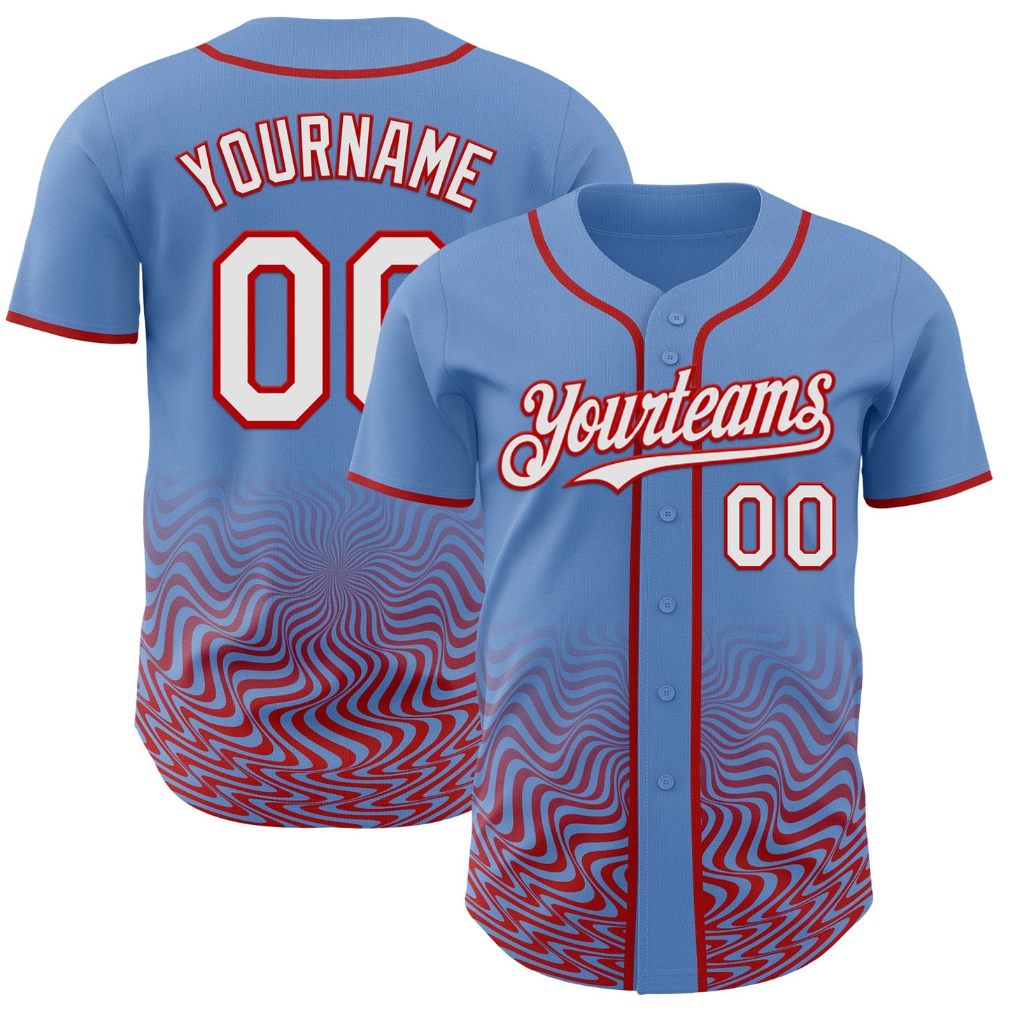 Custom Powder Blue White-Red Fluid Wave Psychedelic Swirl Authentic Baseball Jersey - Main View