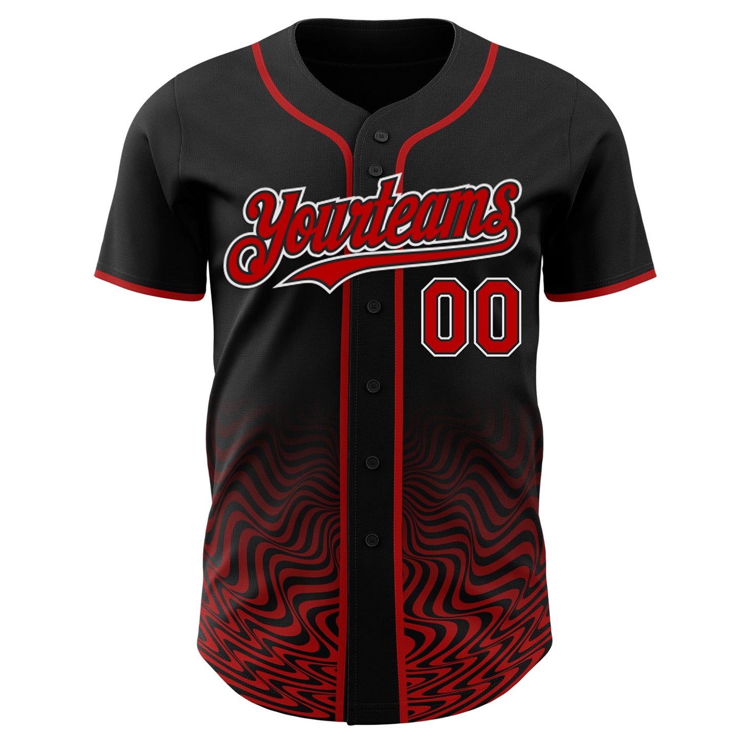Custom Black Red-White Fluid Wave Psychedelic Swirl Authentic Baseball Jersey view 2
