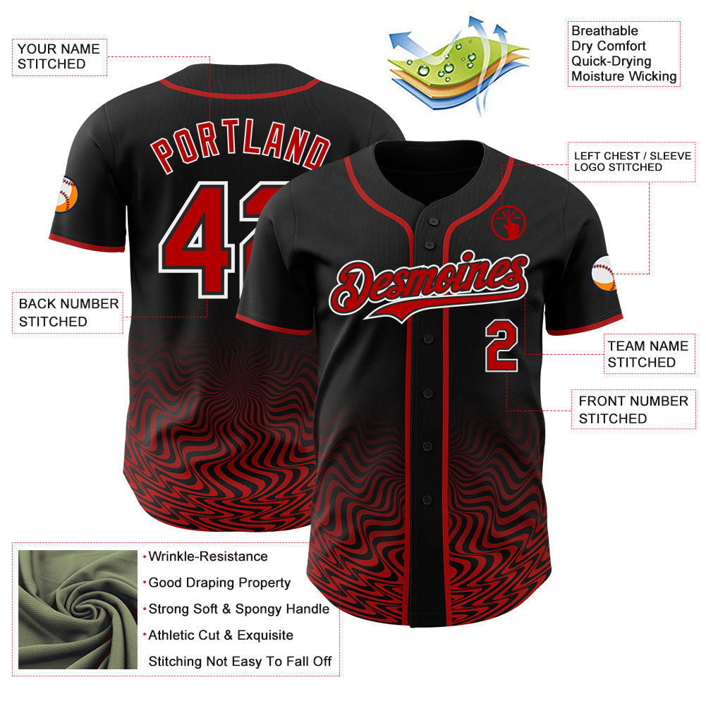 Custom Black Red-White Fluid Wave Psychedelic Swirl Authentic Baseball Jersey view 3