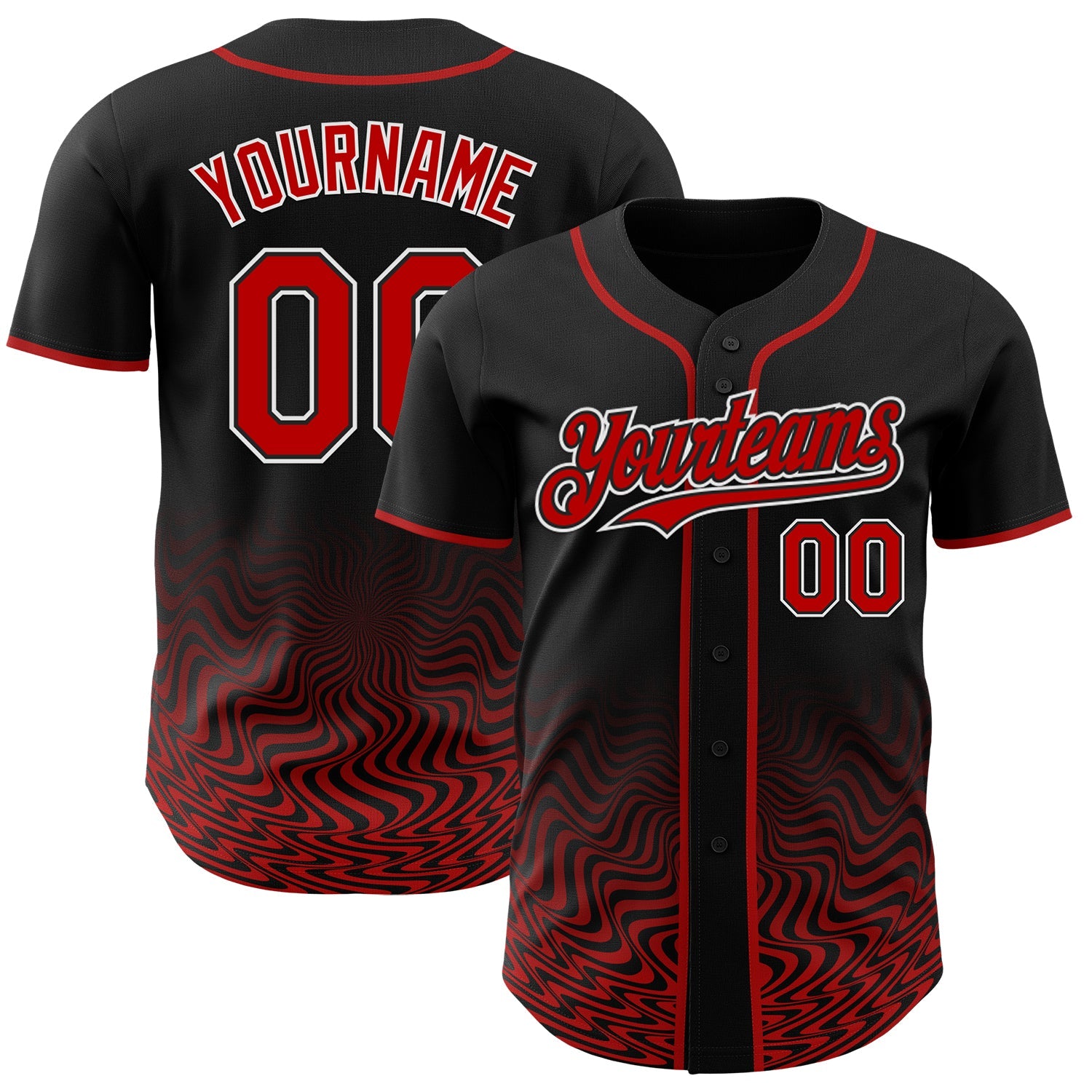 Custom Black Red-White Fluid Wave Psychedelic Swirl Authentic Baseball Jersey - Main View