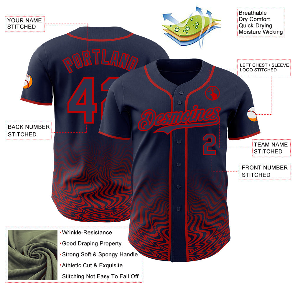 Custom Navy-Red Fluid Wave Psychedelic Swirl Authentic Baseball Jersey view 3