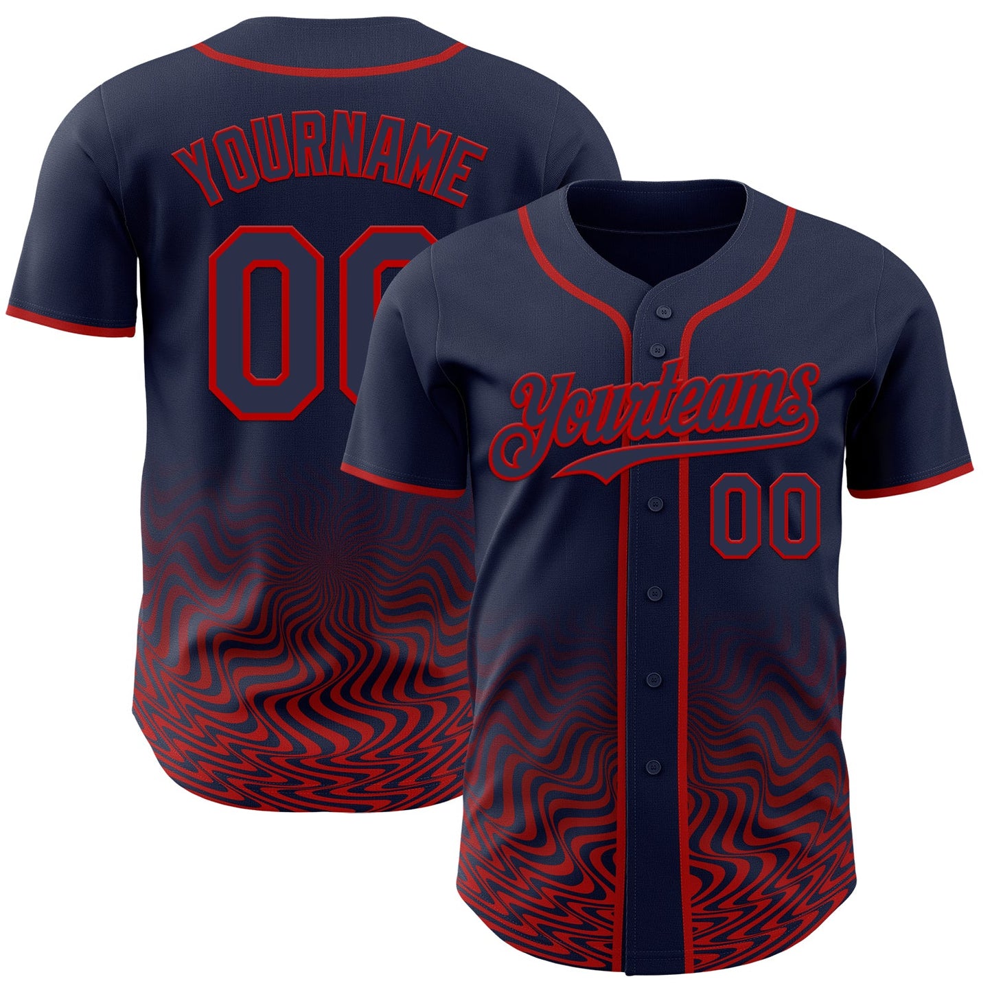 Custom Navy-Red Fluid Wave Psychedelic Swirl Authentic Baseball Jersey - Main View