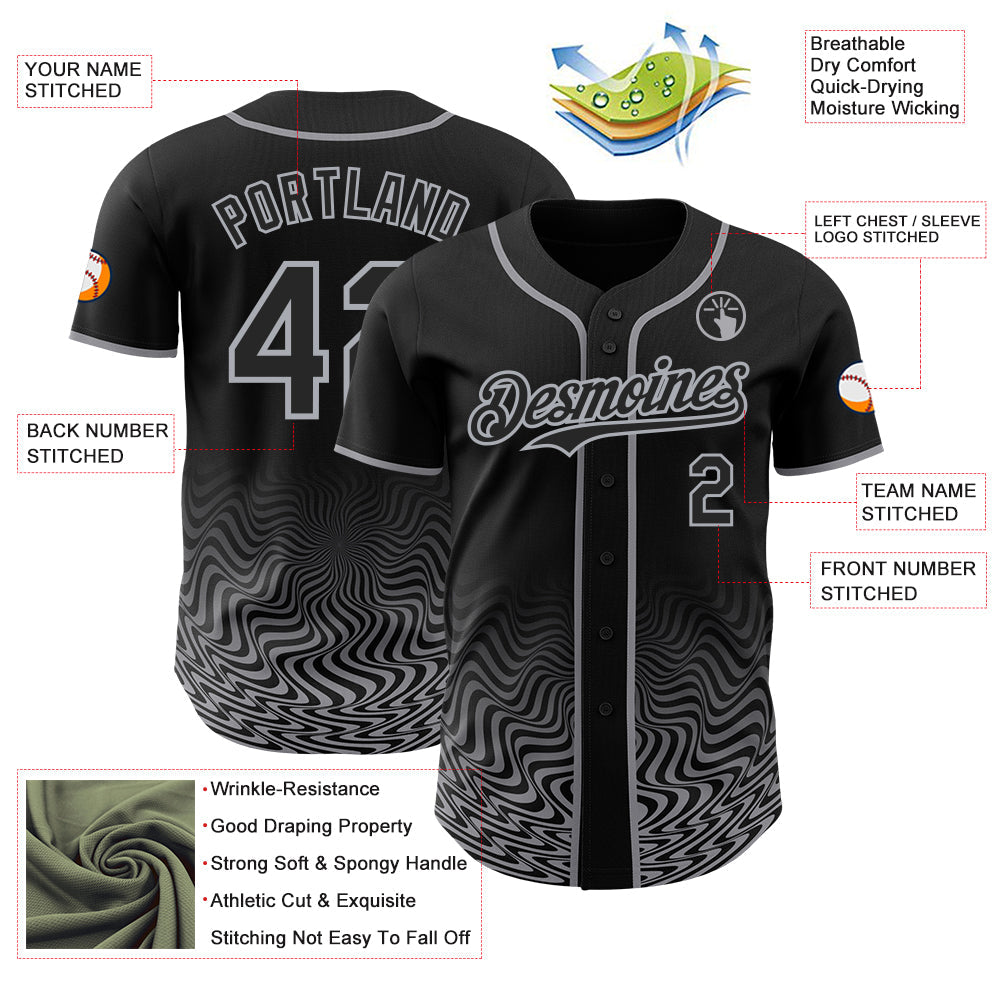 Custom Black-Gray Fluid Wave Psychedelic Swirl Authentic Baseball Jersey view 3