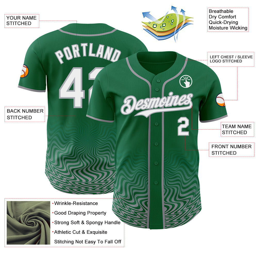 Custom Kelly Green White-Gray Fluid Wave Psychedelic Swirl Authentic Baseball Jersey view 3