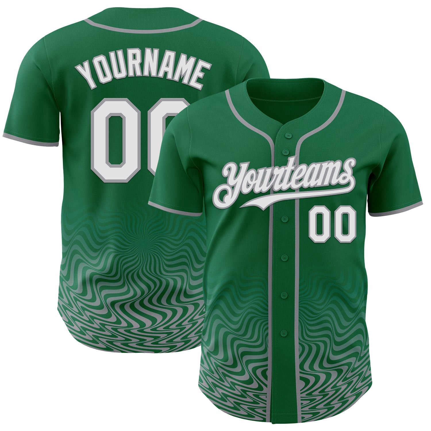Custom Kelly Green White-Gray Fluid Wave Psychedelic Swirl Authentic Baseball Jersey - Main View